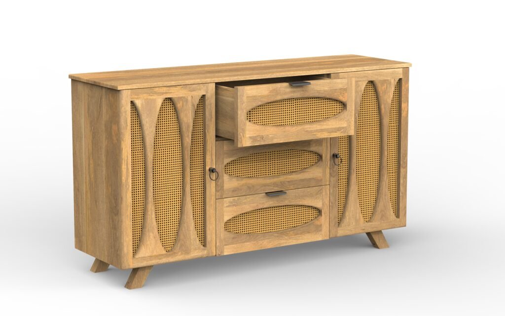 Solid Wood 2-Door 3-Drawer Cane Sideboard Cabinet