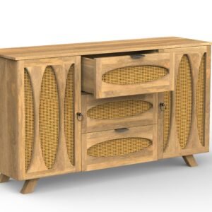 Solid Wood 2-Door 3-Drawer Cane Sideboard Cabinet