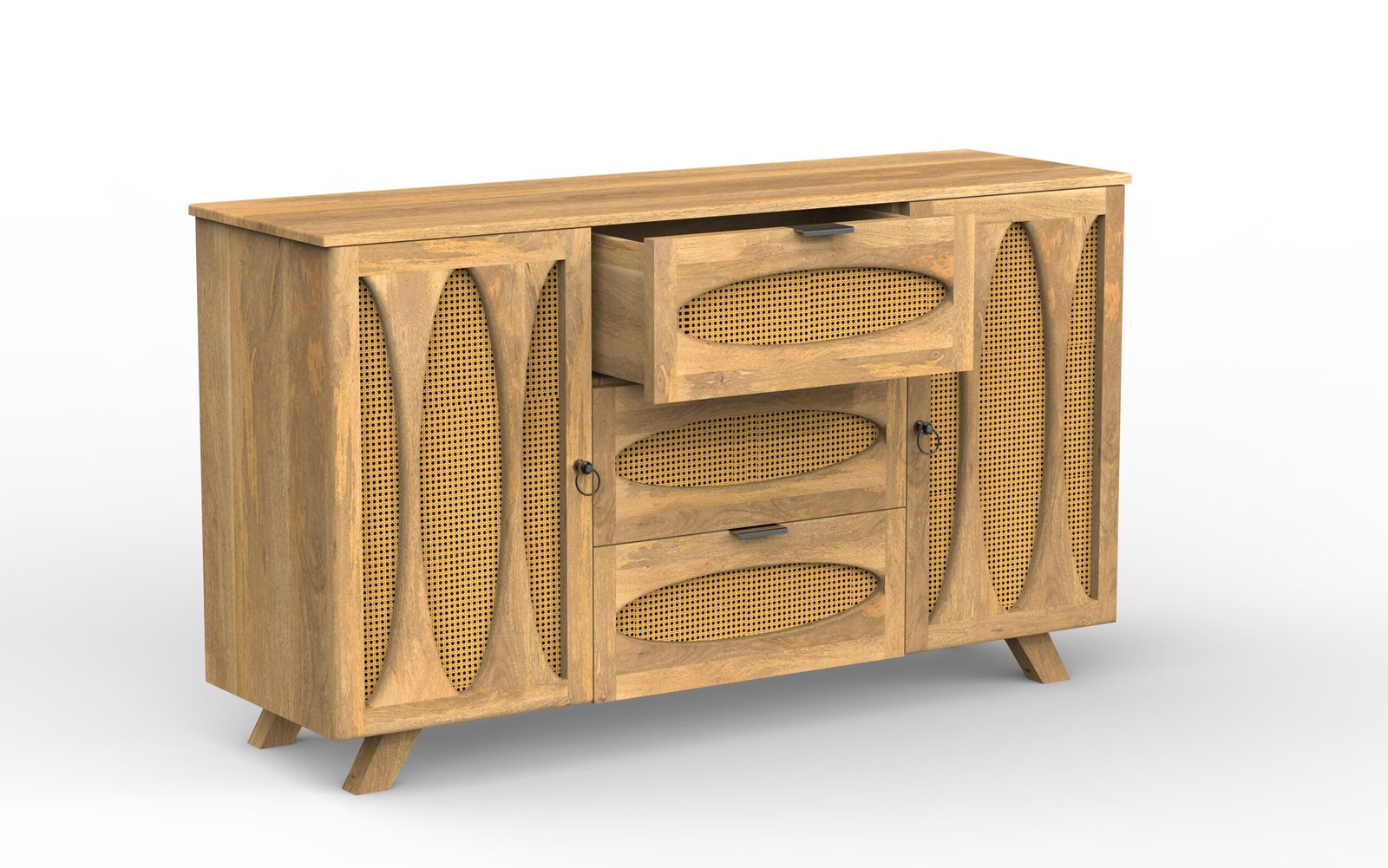 Solid Wood 2-Door 3-Drawer Cane Sideboard Cabinet