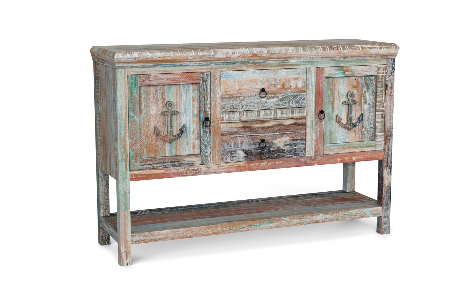Rustic Coastal 2-Door 2-Drawer Sideboard Cabinet with Open Shelf