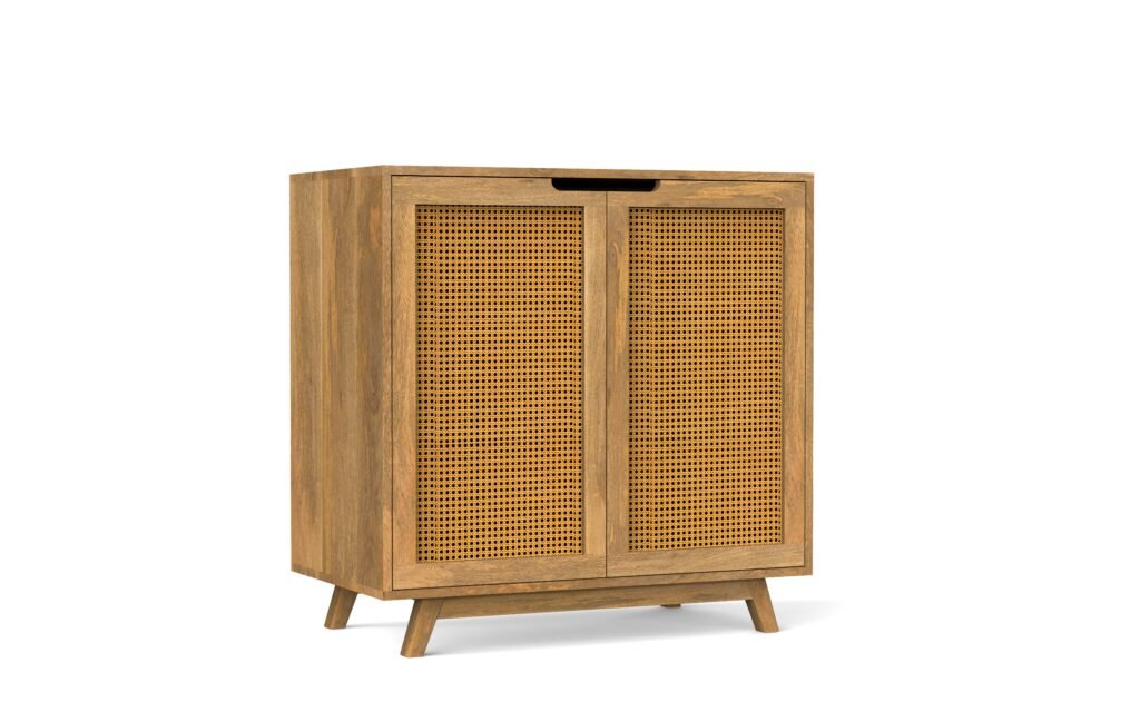 Modern Solid Wood & Cane 2-Door Sideboard Cabinet
