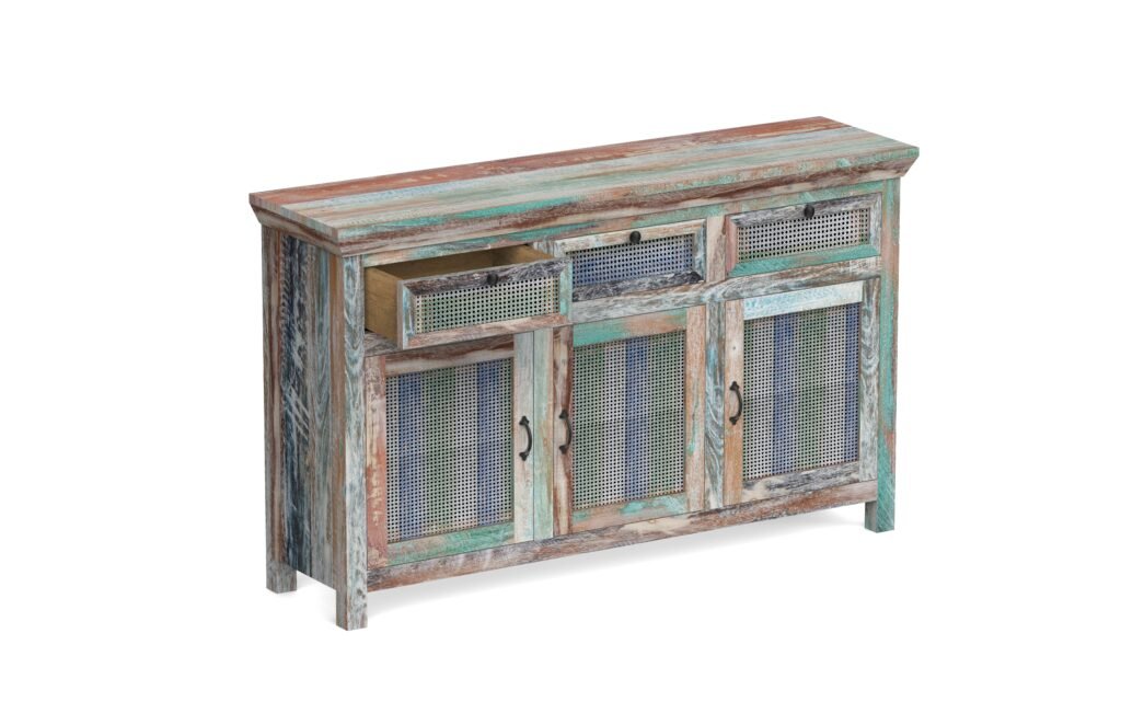 Rustic Coastal 3-Drawer 3-Door Cane Sideboard Cabinet