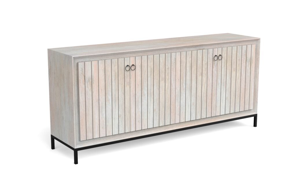 Modern Whitewashed 4-Door Sideboard Cabinet with Metal Base