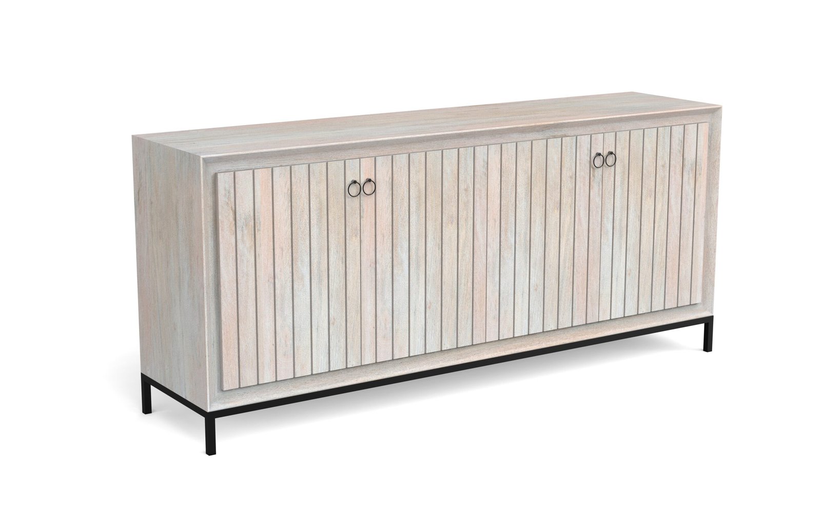 Modern Whitewashed 4-Door Sideboard Cabinet with Metal Base
