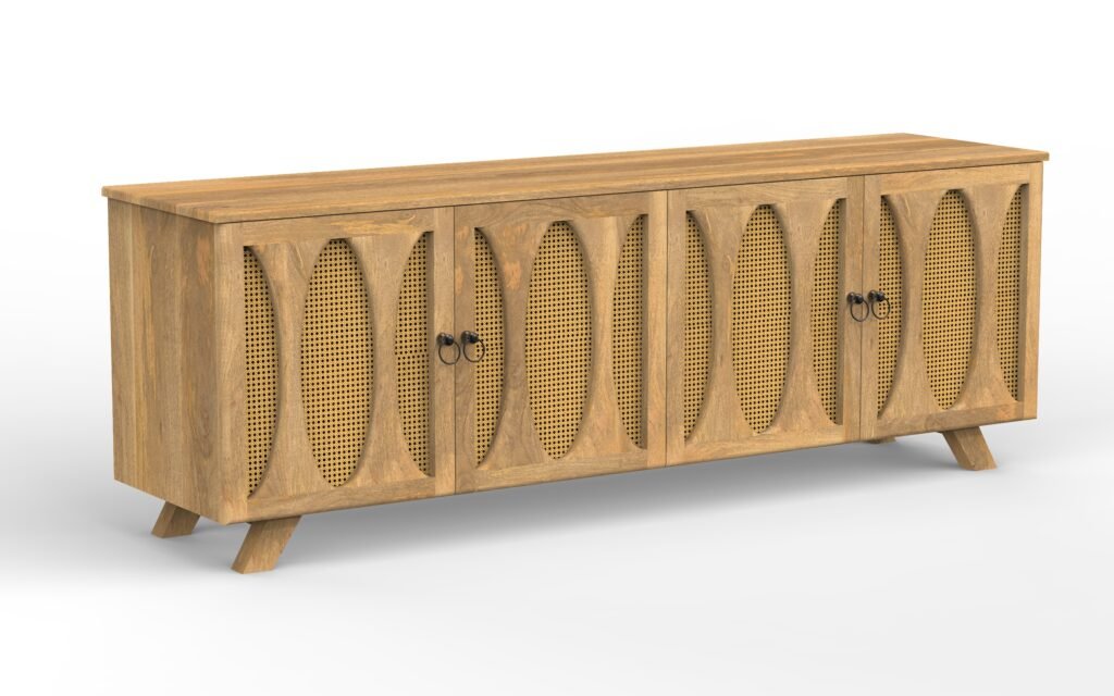 Modern 4-Door TV Cabinet with Cane-Inspired Panel Design
