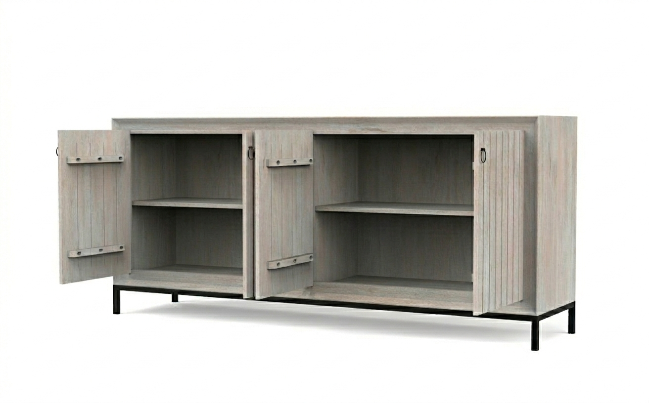Modern Whitewashed 4-Door Sideboard Cabinet with Metal Base - Image 6