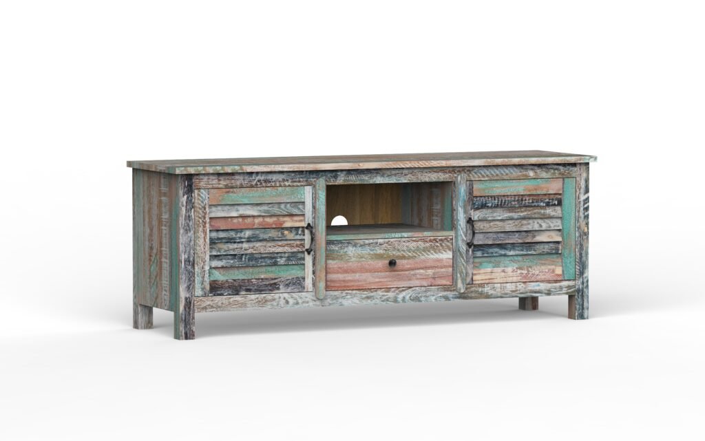 Rustic Coastal Solid Wood TV Cabinet with 2 Doors & Media Storage