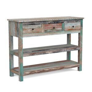 Rustic Coastal 3-Drawer Solid Wood Console Table with Storage Shelves