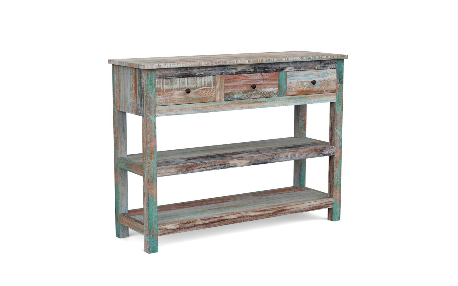 Rustic Coastal 3-Drawer Solid Wood Console Table with Storage Shelves